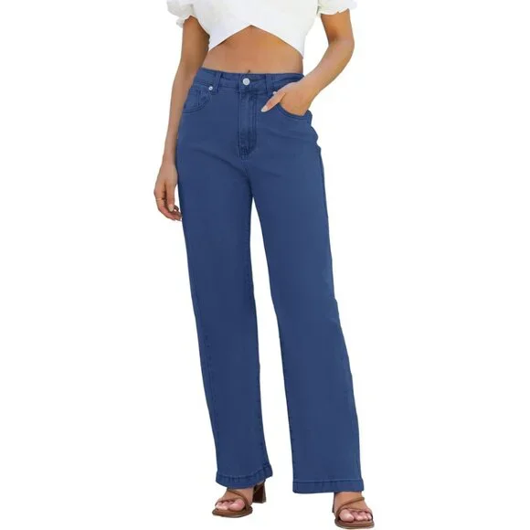 ETTELO Women's 6 Jeans Blue Mid Waisted Straight Leg Stretch Tummy Control Jeans - Picture 1 of 12